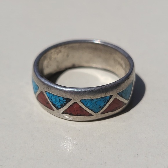 Jewelry - Vintage Sterling Silver Turquoise Coral Inlay Triangle Band Ring Size 7 Blue